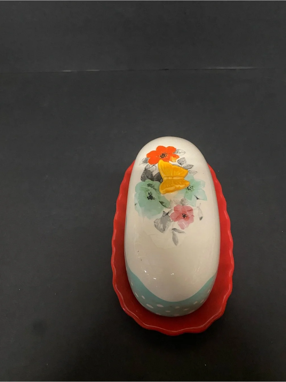 Pioneer WomanCeramic Floral Butter Dish with Yellow Butterfly Handle, retired